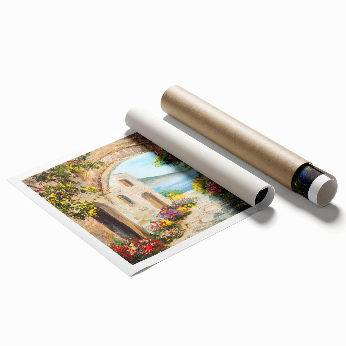 Extra large rolled print of stylized floral arches in muted tones, ideal for classy bathroom wall art.