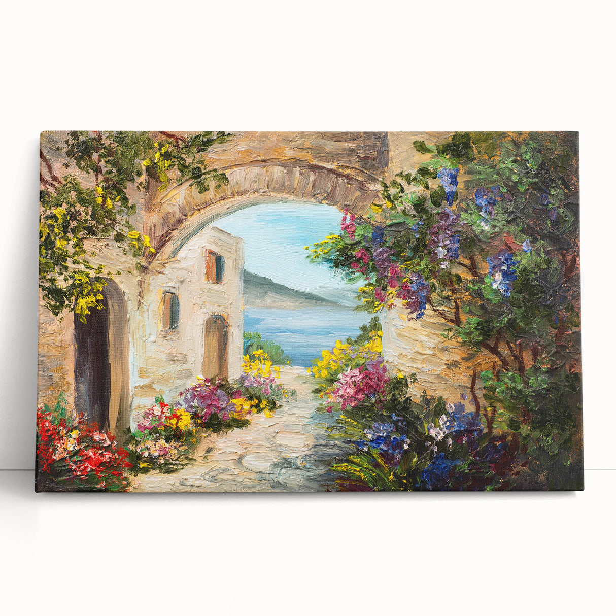 Black and white photograph of architectural arches printed on stretched canvas.
