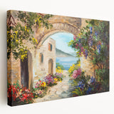 Architectural arch design in neutral tones on a large stretched canvas, suitable for kitchen wall art.