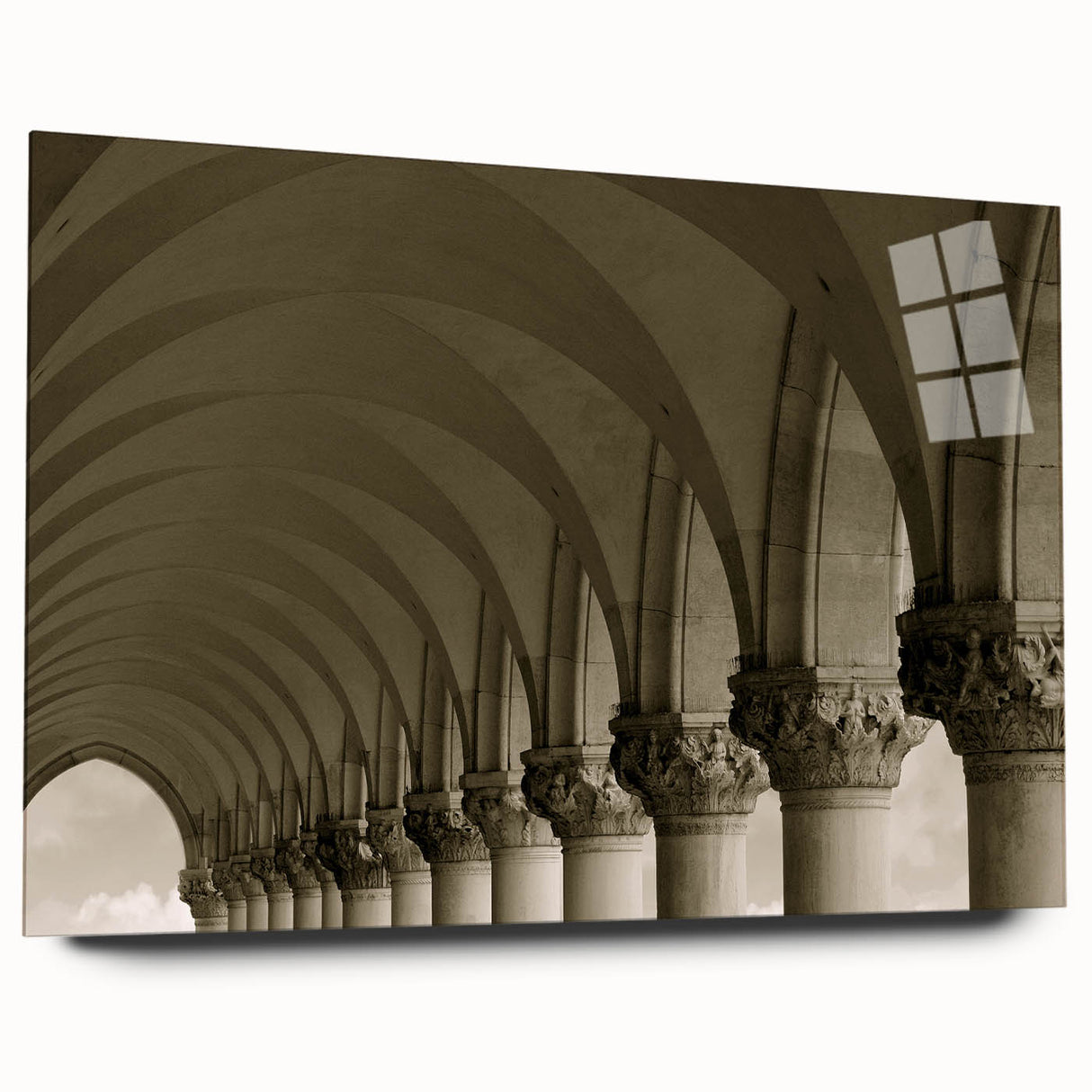 Large abstract wall art featuring curved architectural arches in monochrome tones on acrylic glass.