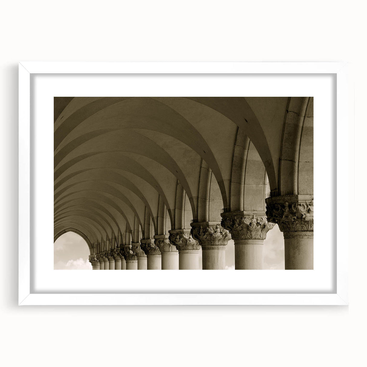 Extra large abstract art print featuring textured arches in neutral tones, framed in white, ideal for living room decor.
