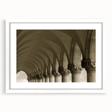 Extra large abstract art print featuring textured arches in neutral tones, framed in white, ideal for living room decor.