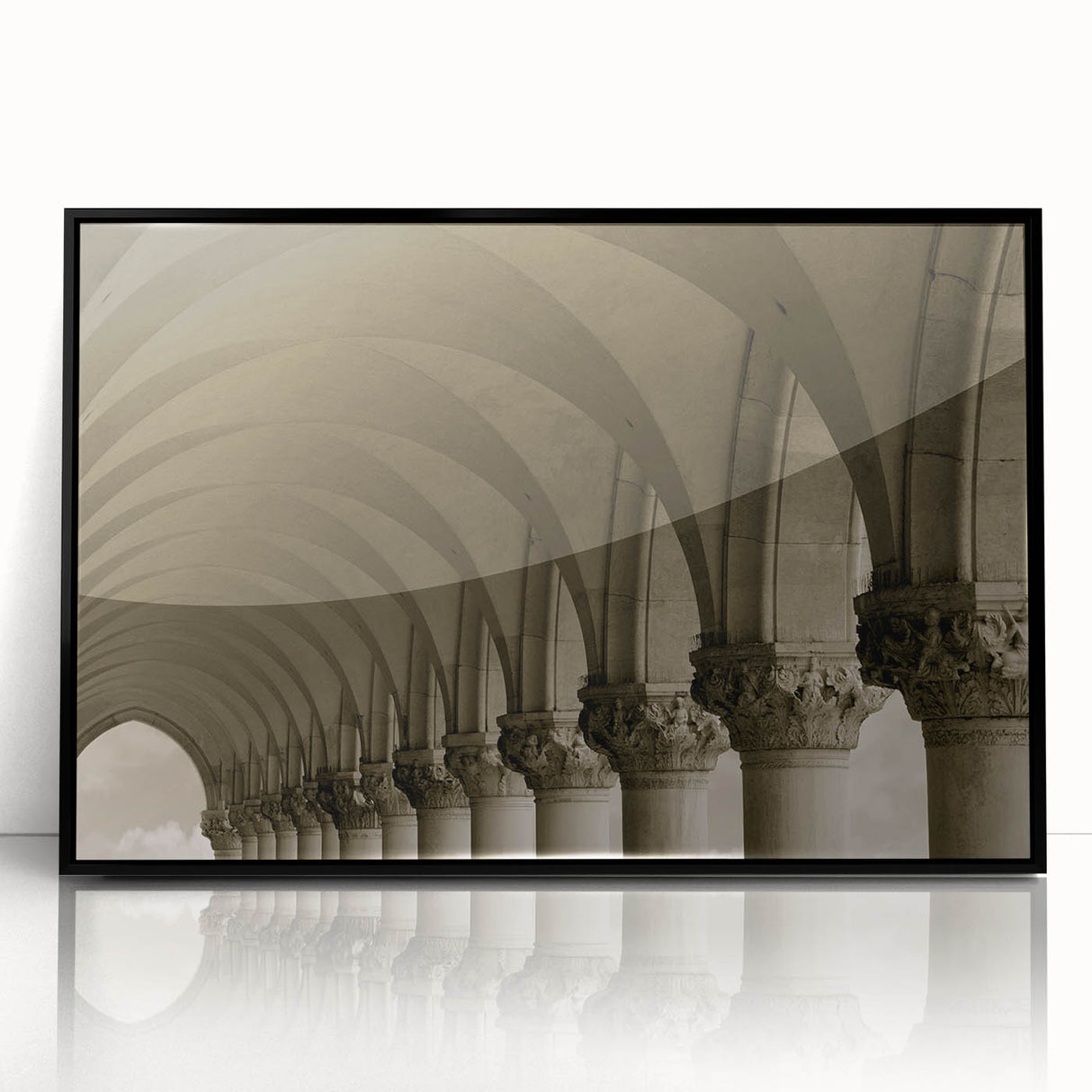 Large abstract wall art featuring black and white arch designs on acrylic, framed, mid-century modernist style.