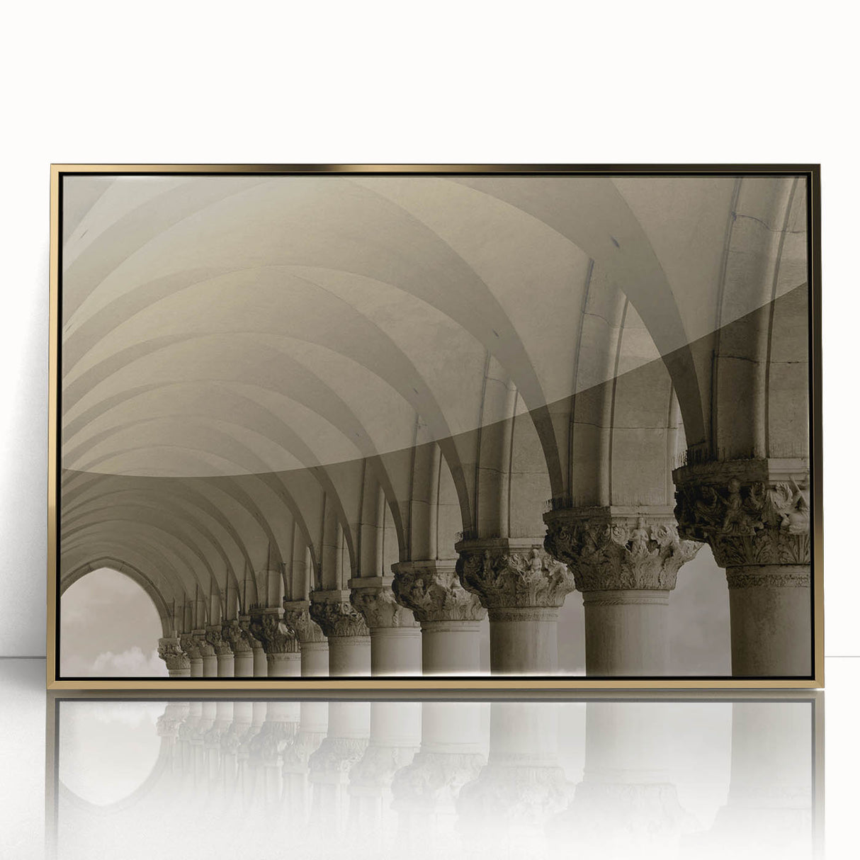 Mid-century modernist arch design in gold tones on a framed acrylic, suitable for modern art wall decor.