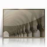 Mid-century modernist arch design in gold tones on a framed acrylic, suitable for modern art wall decor.