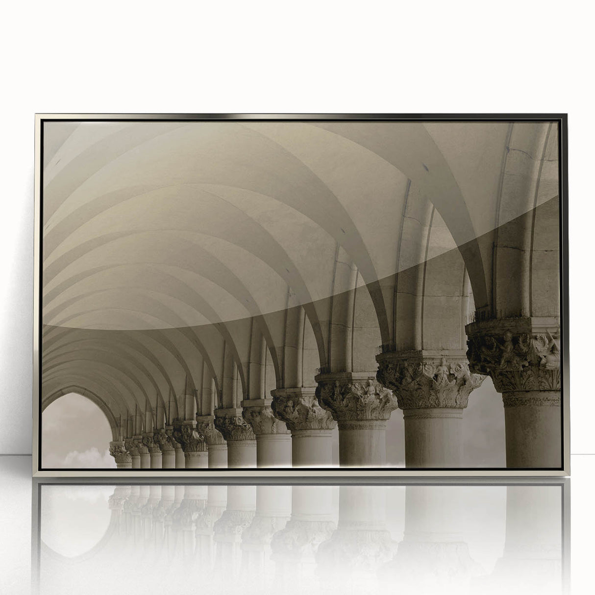 Mid-century modernist art featuring silver arches in a framed acrylic print, ideal for modern art wall decor.
