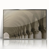 Mid-century modernist art featuring silver arches in a framed acrylic print, ideal for modern art wall decor.