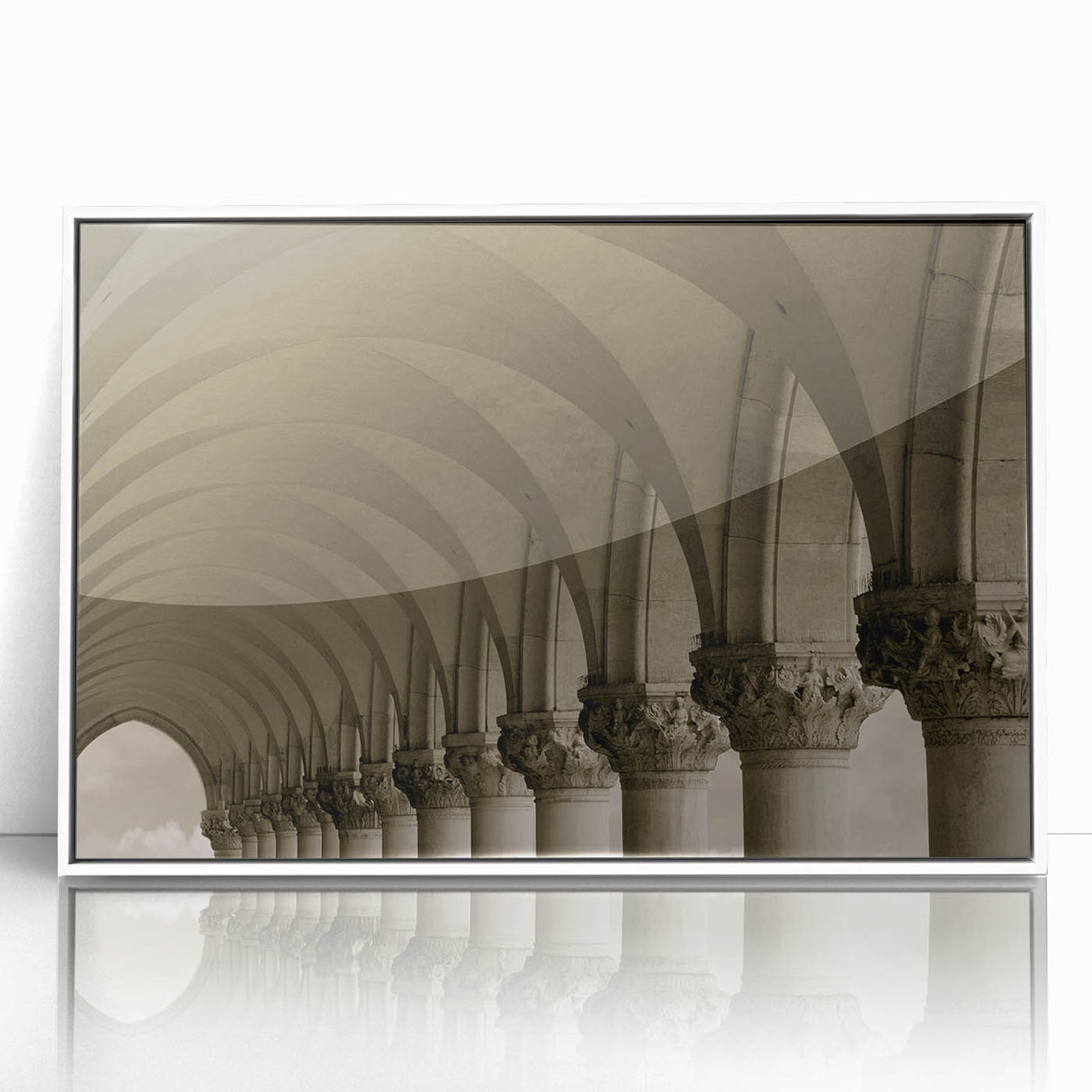 Art deco poster of architectural arches in monochrome, framed acrylic, ideal for modern nursery wall art.