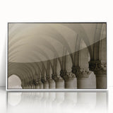 Art deco poster of architectural arches in monochrome, framed acrylic, ideal for modern nursery wall art.