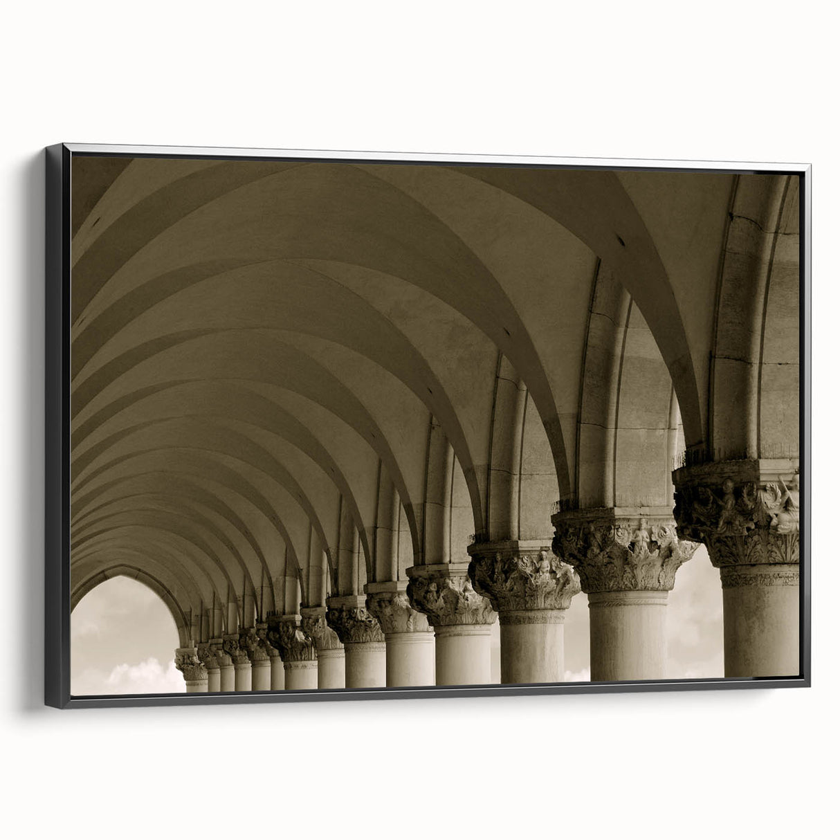 Black and white framed canvas depicting vintage-style arches in a landscape format, suitable for bedroom decor.