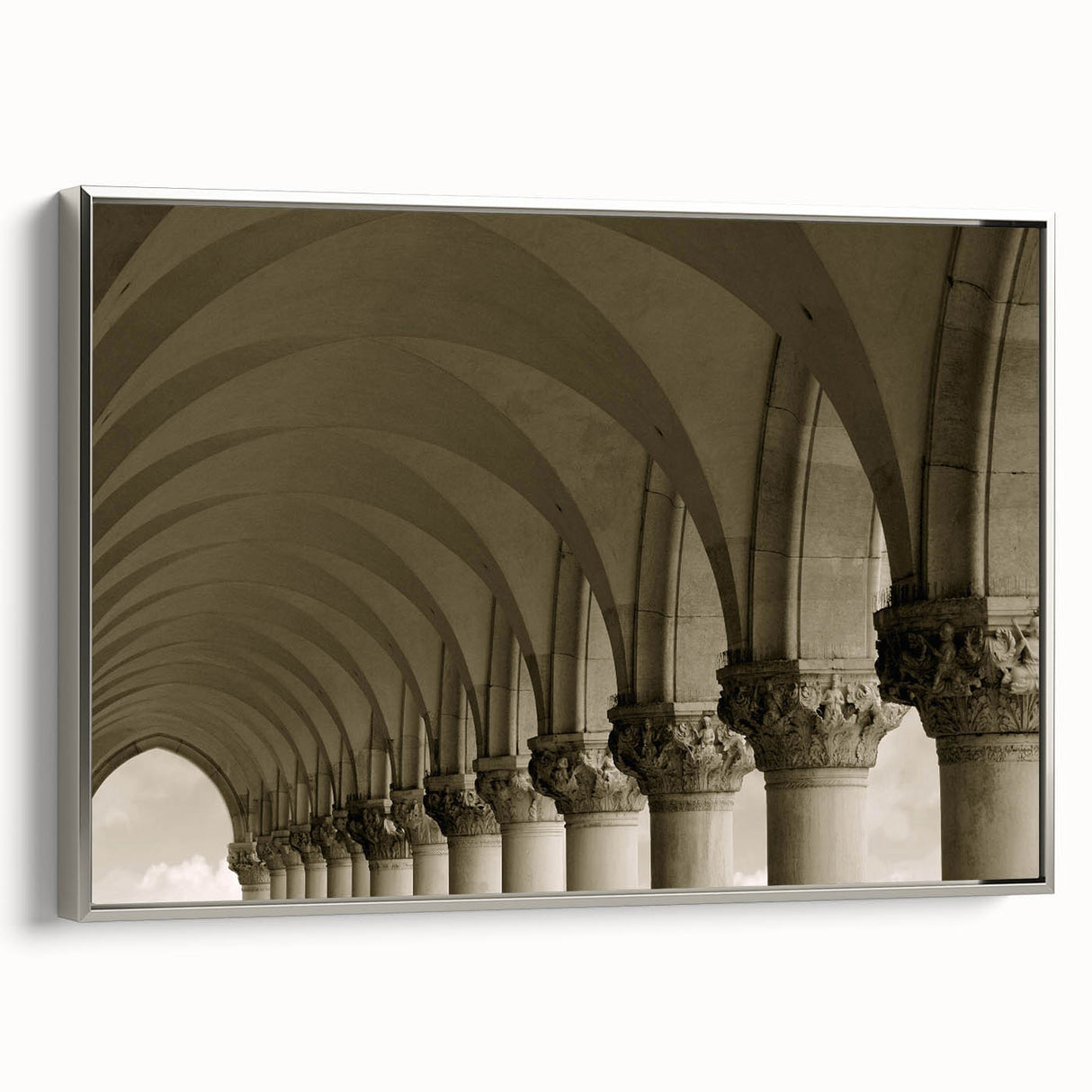 Vintage poster art of colorful, abstract arches in black, framed canvas, ideal for living room decor.