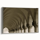 Vintage poster art of colorful, abstract arches in black, framed canvas, ideal for living room decor.