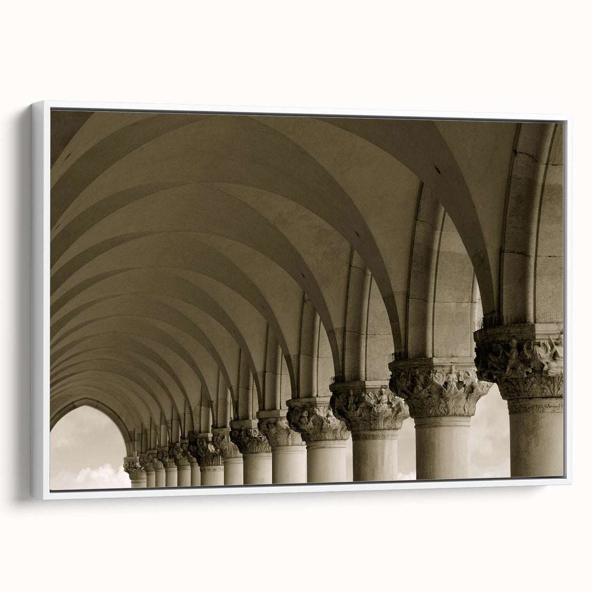 Framed canvas featuring a vintage poster of black architectural arches, ideal for bedroom wall art.
