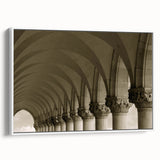 Framed canvas featuring a vintage poster of black architectural arches, ideal for bedroom wall art.
