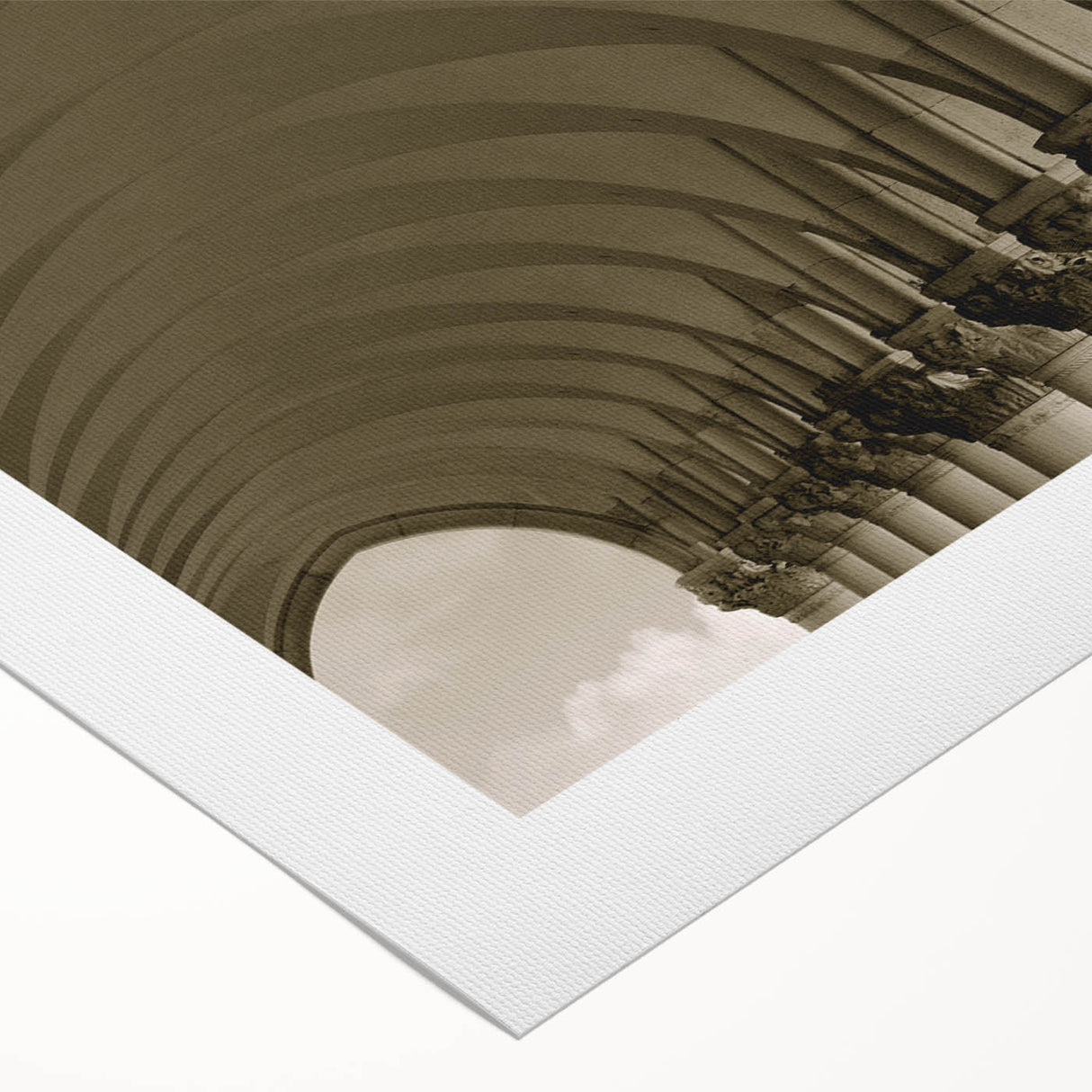 Art deco poster featuring symmetrical arch designs in neutral tones on rolled canvas.