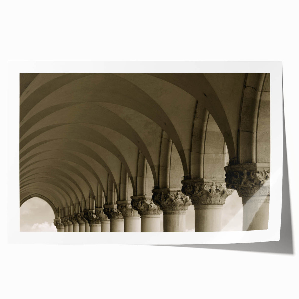 Rolled print of large floral art featuring arches in muted earth tones, ideal for dining room or bathroom wall decor.