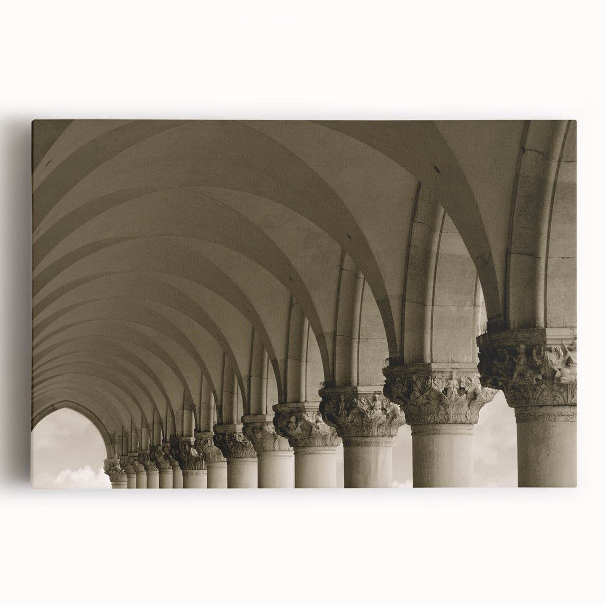 Black and white photograph of architectural arches on stretched canvas, suitable for kitchen wall art.