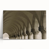 Black and white photo of architectural arches printed on large stretched canvas.