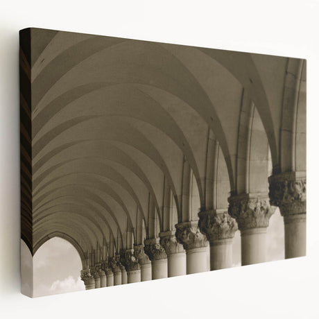 Arched architecture in grayscale on a large stretched canvas, suitable for kitchen wall art.