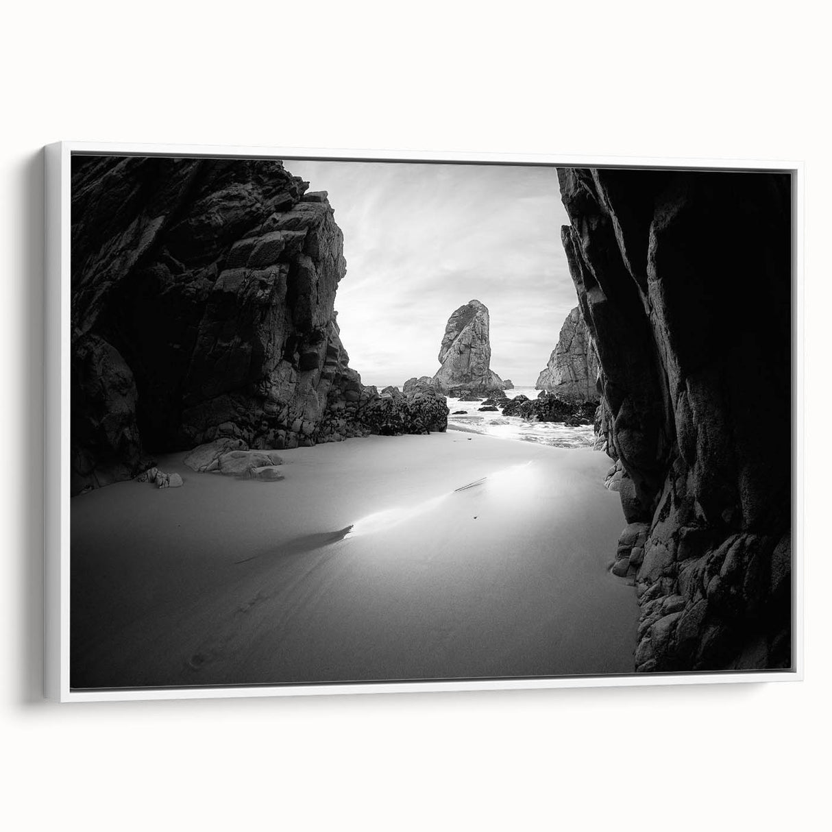 Framed canvas of a vintage landscape painting featuring colorful arches against a black background.