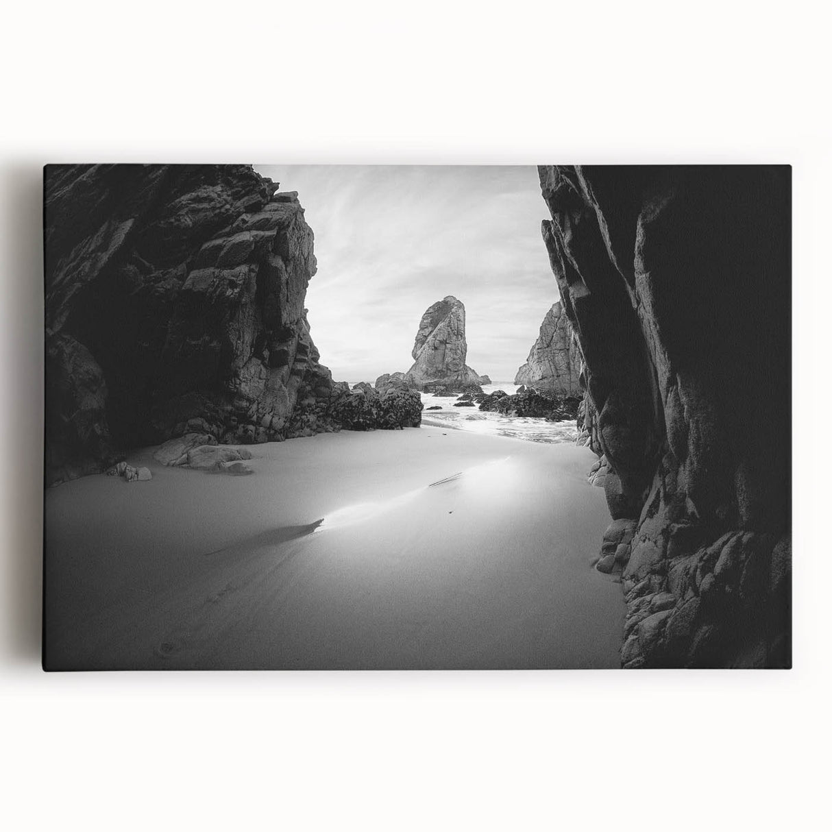 Large black and white photo of architectural arches on stretched canvas, ideal for kitchen wall art or bedroom decor.