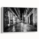 Vintage poster art featuring colorful arches on a black background, framed canvas, ideal for living room decor.