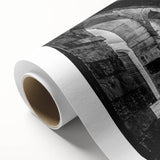 Art Deco poster of symmetrical arches in muted gold and teal, rolled canvas, ideal for nursery wall art.