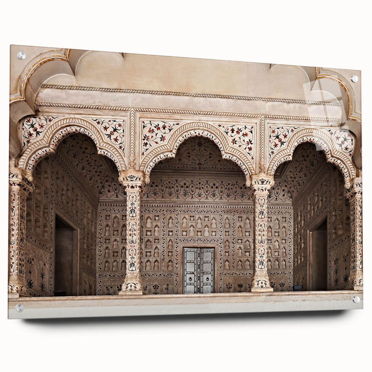 Large abstract wall art featuring overlapping arches in muted tones on acrylic glass, ideal for bedroom or dining room decor.