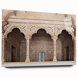 Large abstract wall art featuring curved architectural designs in muted beige tones on acrylic glass.