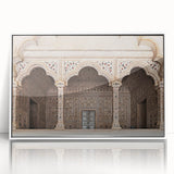 Mid-century modernist arch design in muted beige and white, framed acrylic print, suitable for nursery wall art.