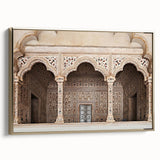 Vintage poster art of architectural arches in gold and black tones, framed canvas, ideal for living room decor.