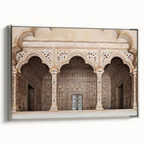 Framed canvas depicting a vintage poster art of architectural arches in black, ideal for bedroom wall decor.