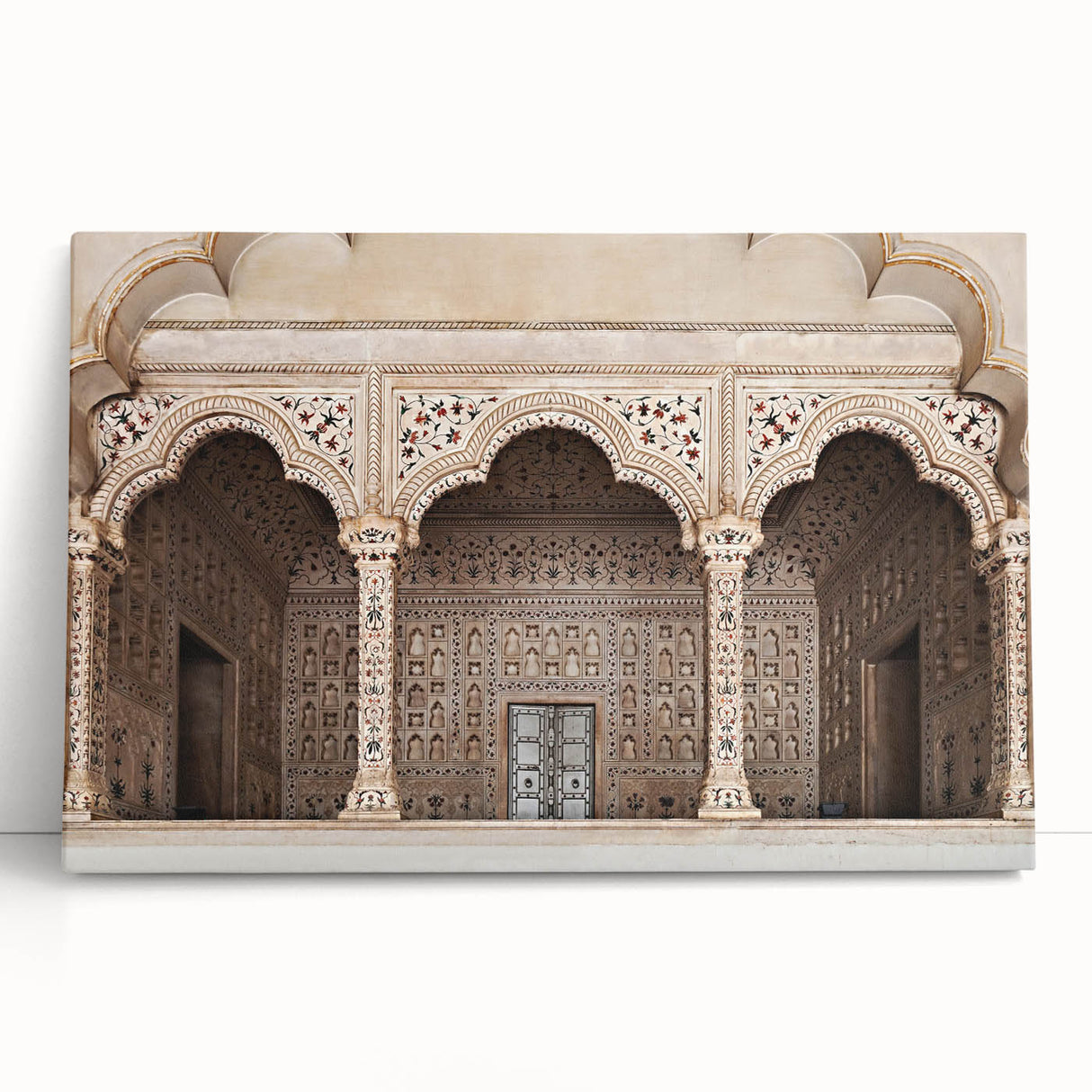 Large black and white photo of architectural arches on stretched canvas, suitable for kitchen wall art.