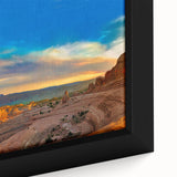 Close-up of extra large black wall art featuring colorful, textured arches design on framed canvas, suitable for living room.