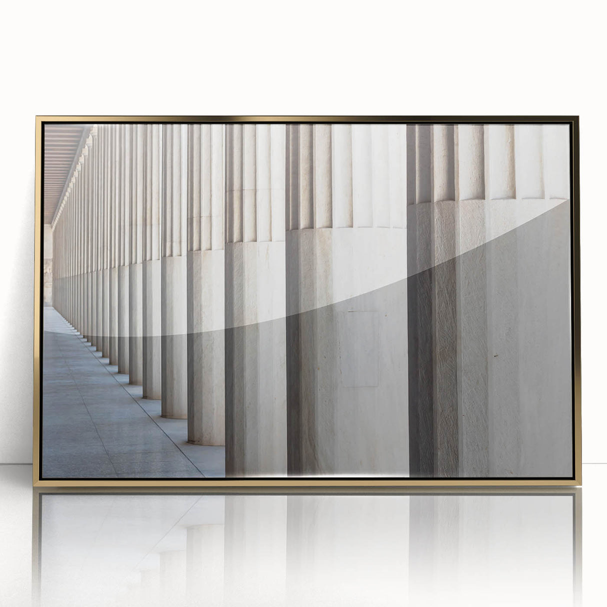 Large art print of classical columns in gold tones on acrylic, styled in mid-century modernist design.
