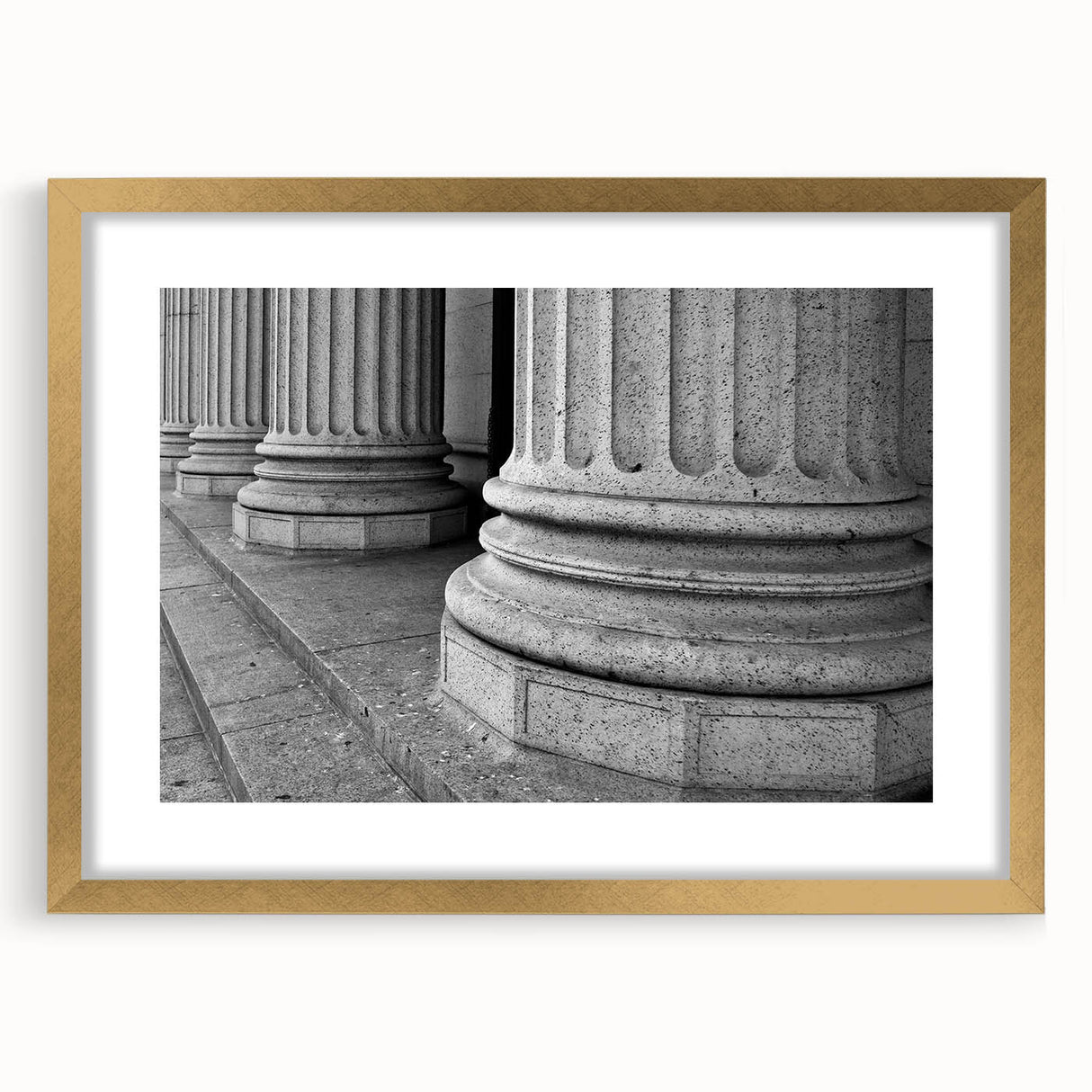 Extra large abstract art print featuring textured columns in muted gold and white, framed, ideal for living room decor.