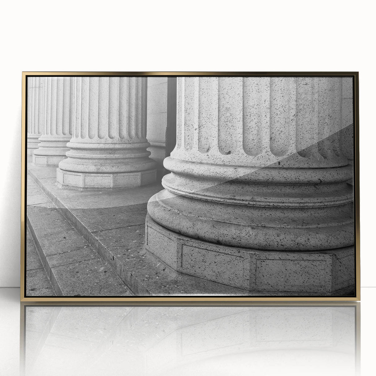 Acrylic print of large art prints featuring gold columns in a mid-century modernist style, suited for modern art wall decor.