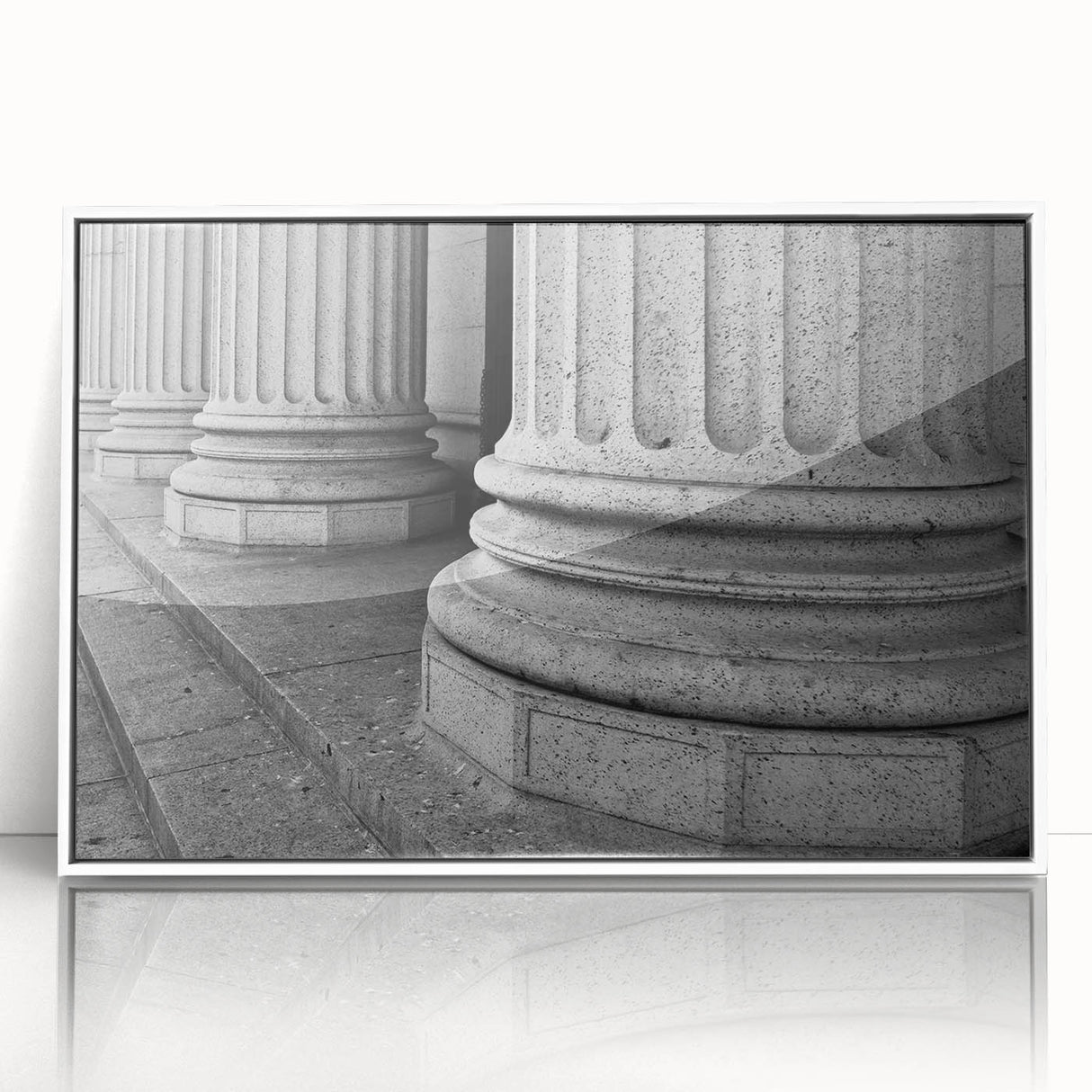 Art deco poster featuring symmetric column designs in muted gold and white tones, acrylic framed.