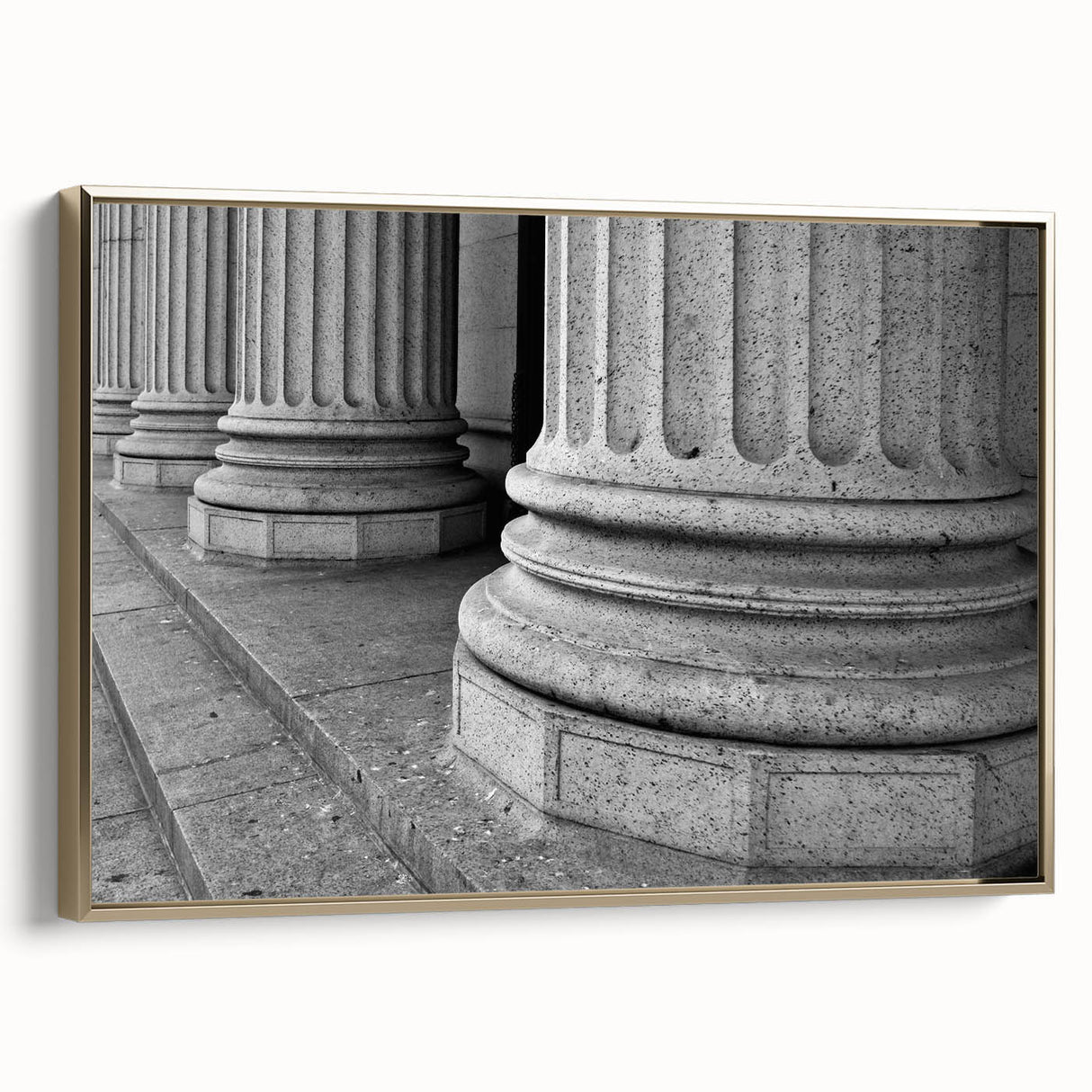 Framed canvas featuring a vintage poster art of landscape with columns in black, ideal for bedroom wall decor.