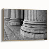 Framed canvas featuring a vintage poster art of landscape with columns in black, ideal for bedroom wall decor.