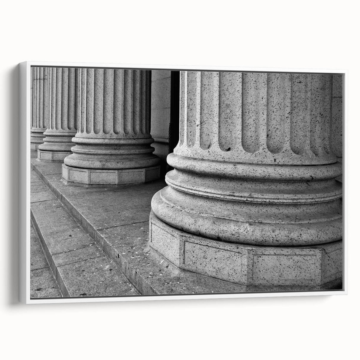 Vintage poster art of classical columns in black and white, framed canvas, suitable for living room decor.