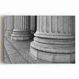 Black and white photo of classical columns on a stretched canvas, ideal for kitchen wall art.