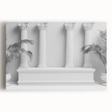 Black and white photo of classical columns on a stretched canvas, suitable for kitchen wall art.