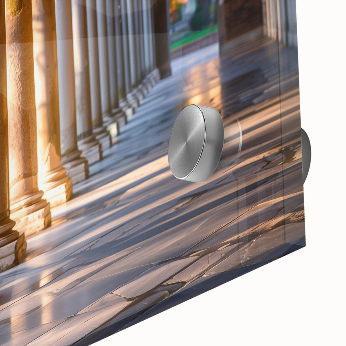 Close-up of large abstract wall art featuring mid-century modernist columns in muted earth tones.