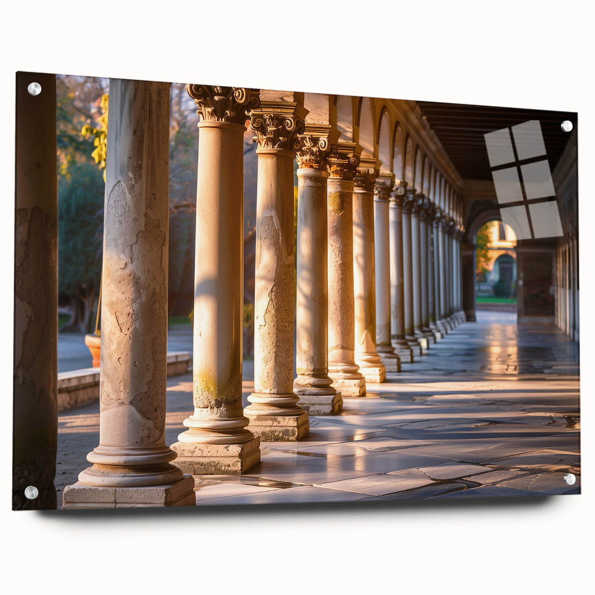 Acrylic glass print of large abstract wall art featuring white and gray columns.