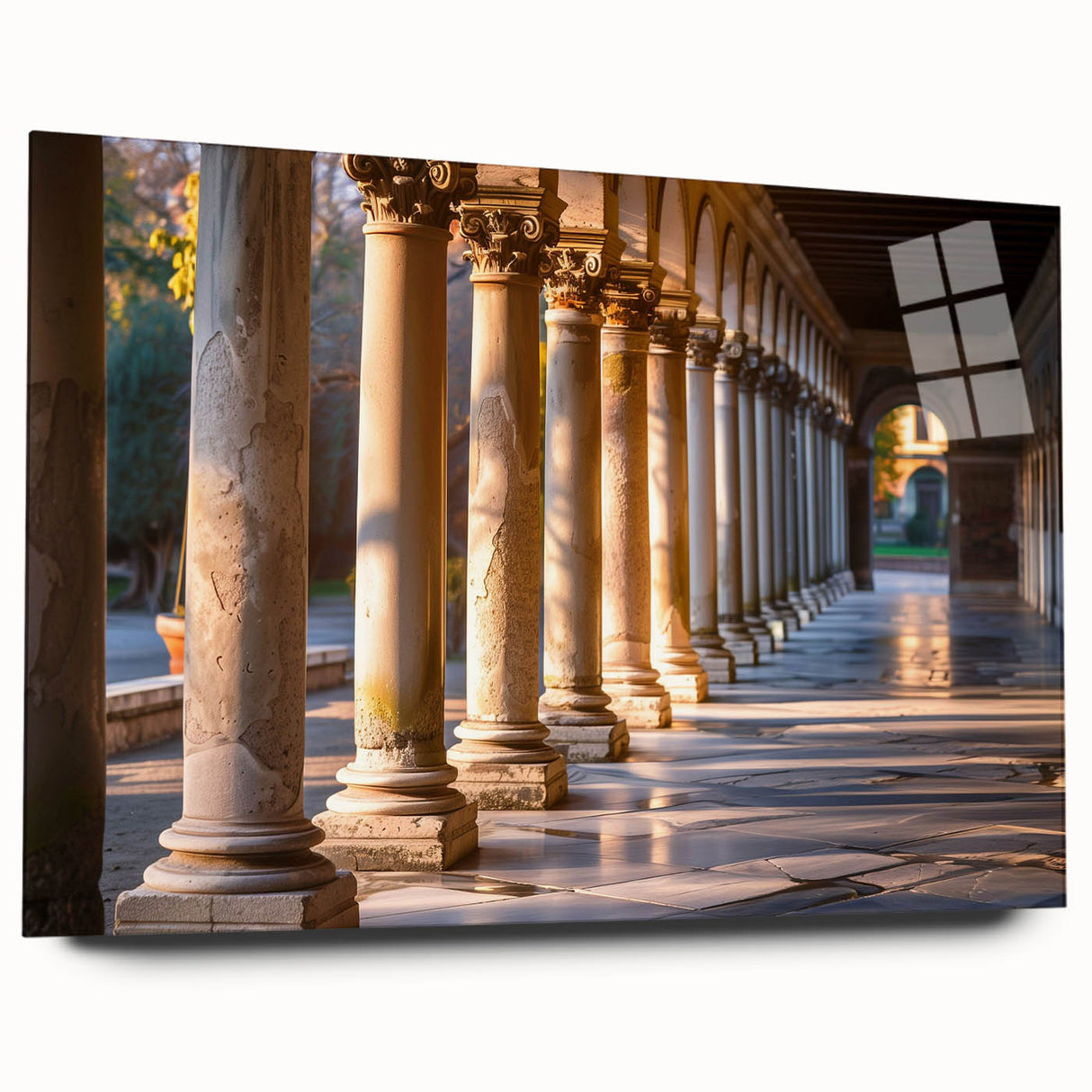 Large abstract wall art on acrylic glass depicting sleek columns in muted gray tones, ideal for bedroom or dining room decor.