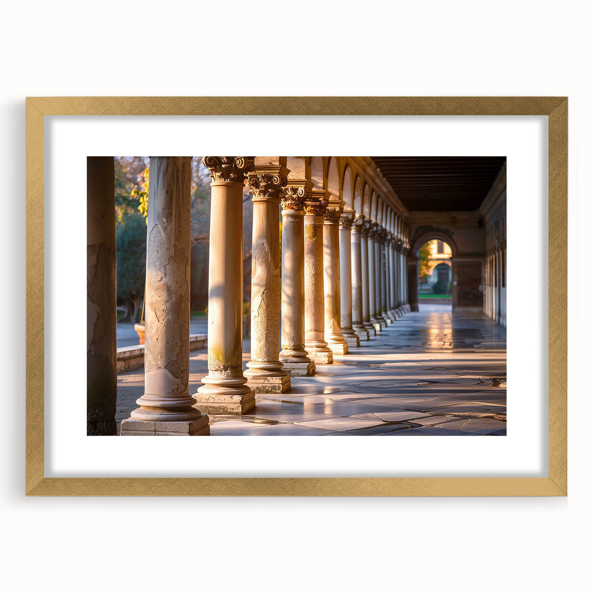 Extra large abstract art print featuring textured columns in muted gold tones on a framed canvas.