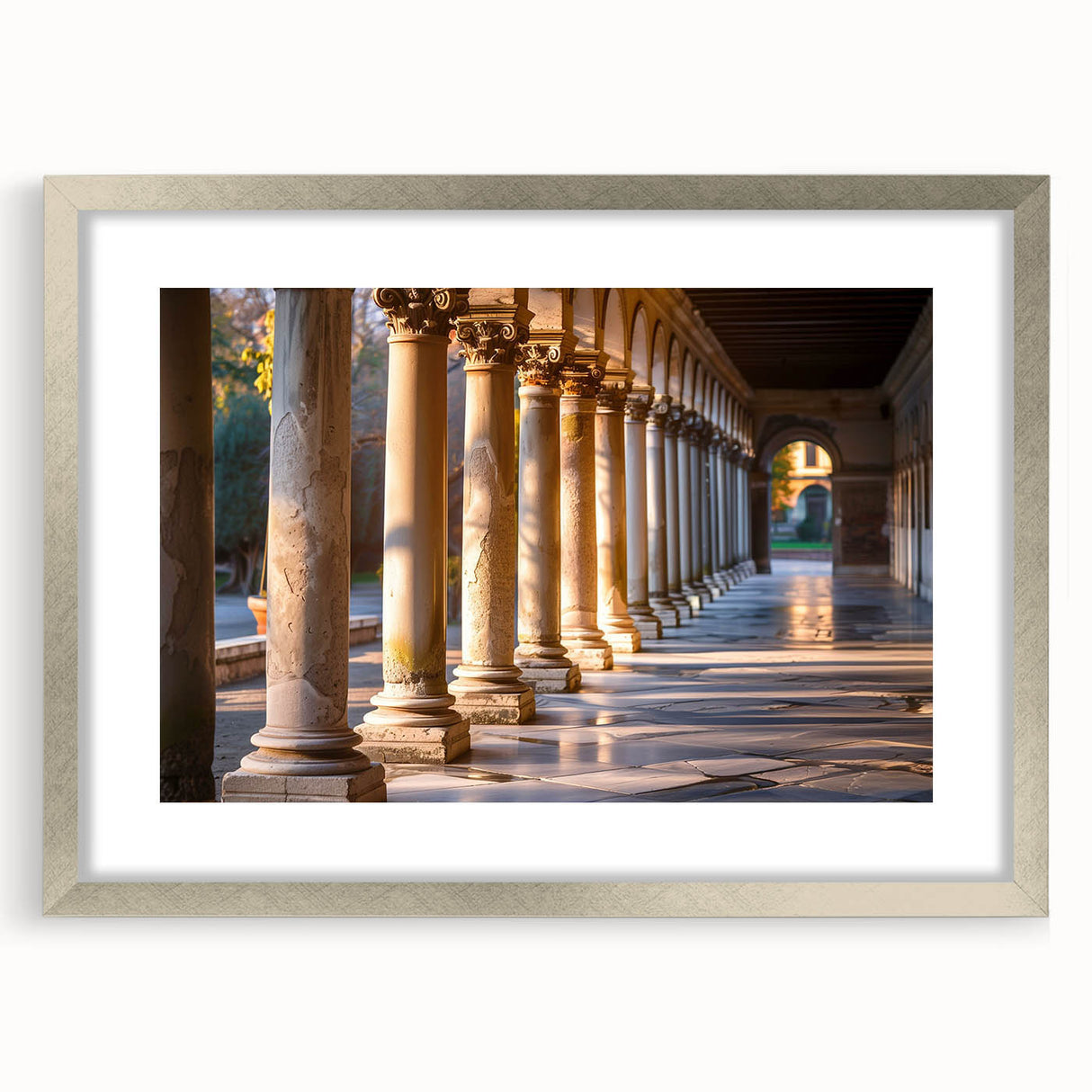 Textured art print with abstract design of architectural columns in muted gray, displayed in a silver frame.