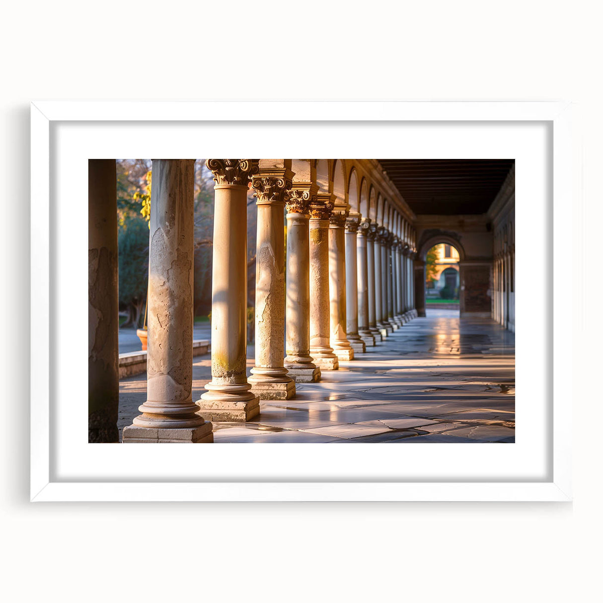 Abstract art print of architectural columns in muted gray tones, framed with a white mat, suitable for dining room decor.