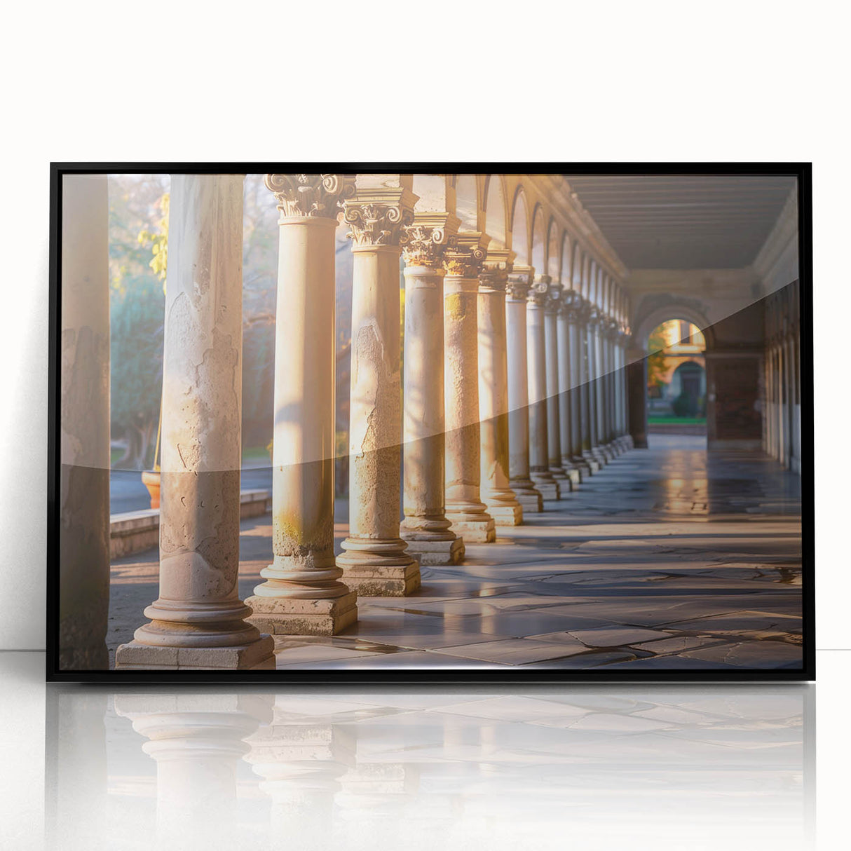 Large abstract wall art featuring black and white columns in a mid-century modernist style, framed in acrylic.